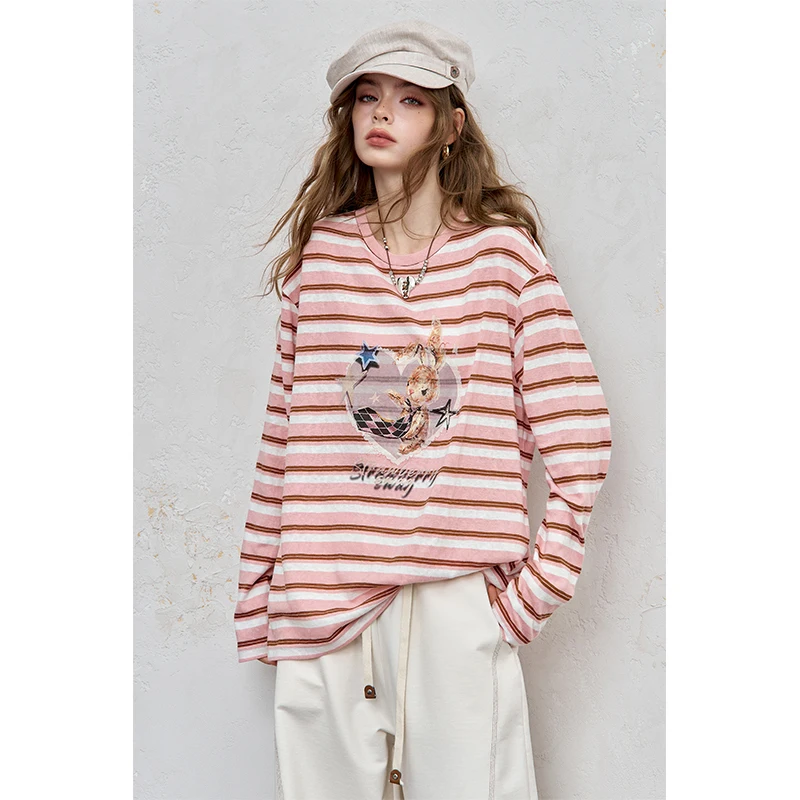 ELFSACK 2025 Autumn New Arrivals Casual Stripe Cartoon Embroidery Oversized Shirt Long Sleeve Shirt For Women