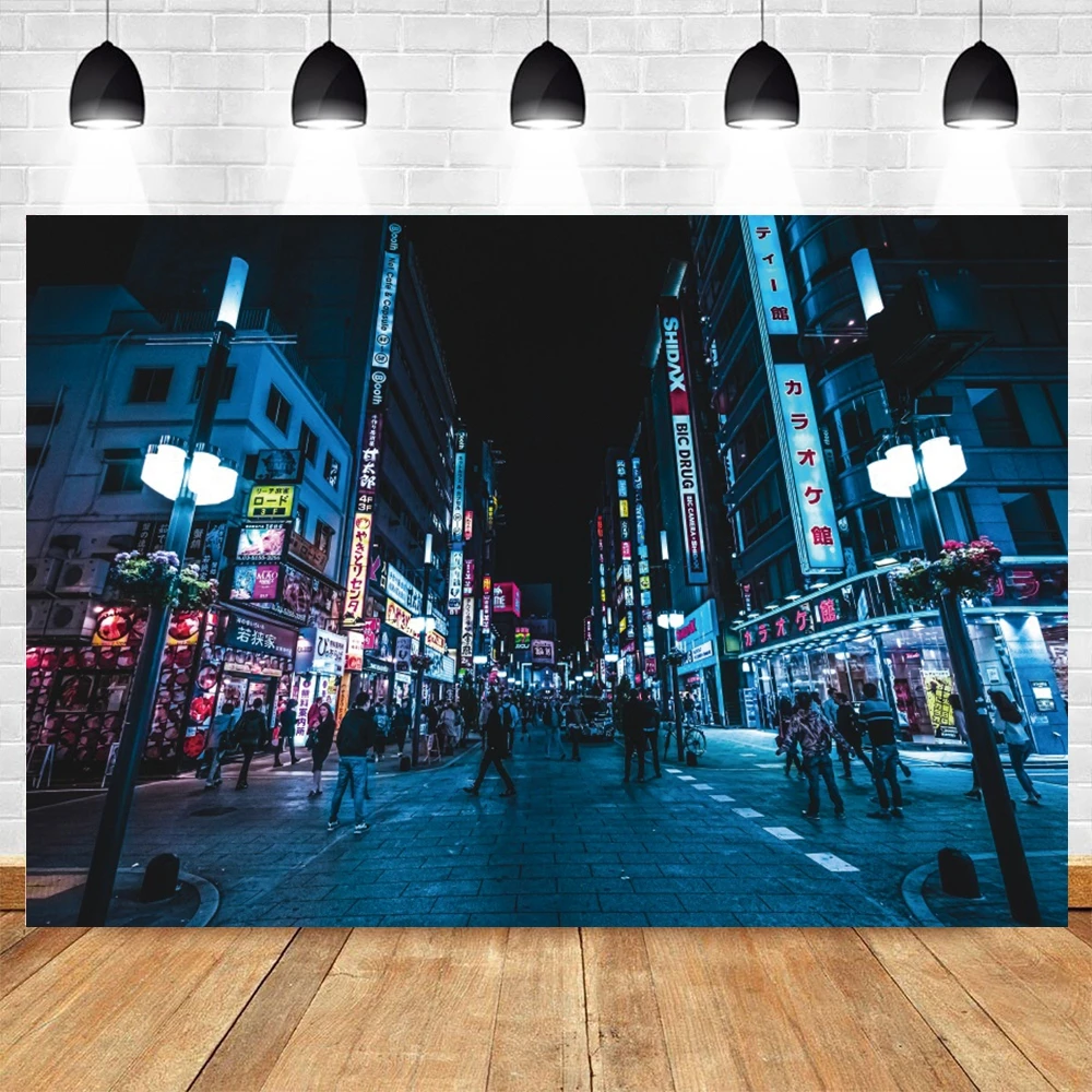 Japanese Street Scene Background Vintage Retro Tokyo Nighttime Tall Buildings Industrial Decor Photography Backdrop Photo Studio