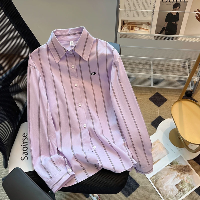 

Summer New Design Women's Cotton Striped Long Sve irt Loose Sun Protection Top Korean Sle Commute Wind Regular Sve