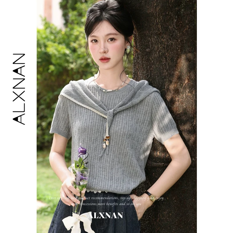 

ALXNAN Gray Short Sleeve T-shirt Summer New Loose-fit Elegant Casual T-shirt 2026 Hollow Out Shawl Knitted Tops for Women L63912