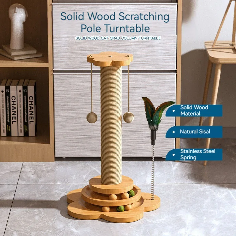 Cat Pet Products Accessories Sisal Scratching Post Solid Wood Pet Cat Turntable Funny Toy Balls Grab Column Training Supplies