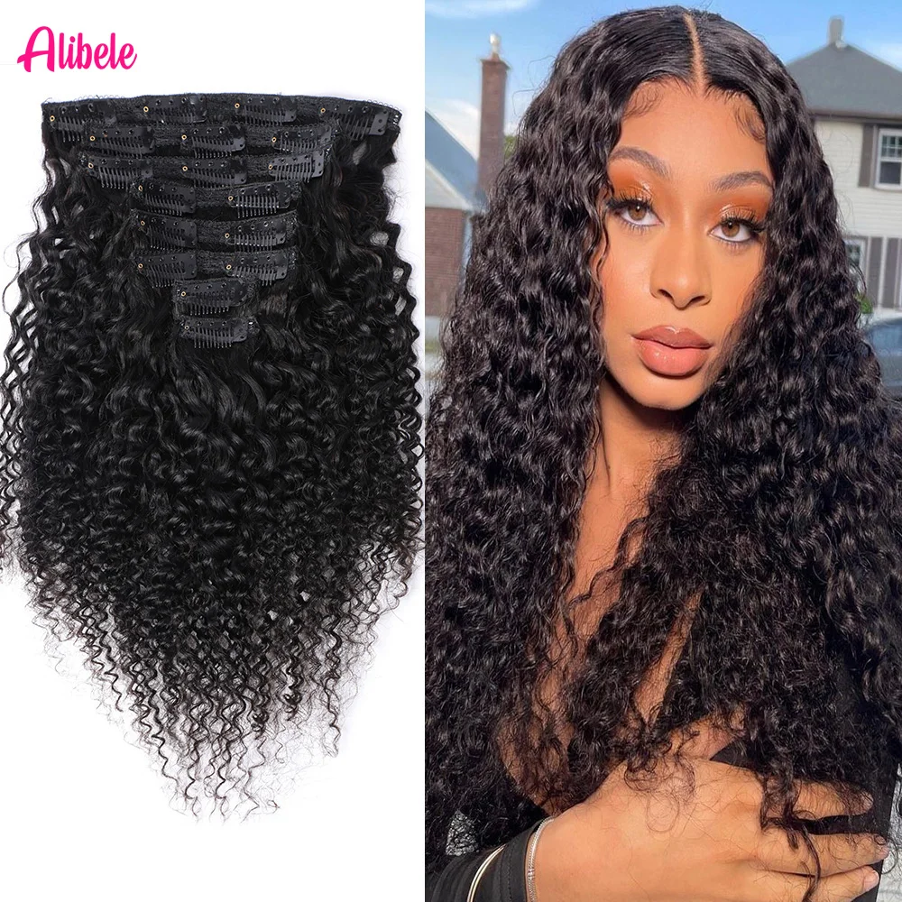 

Alibele 8Pcs/Set Full Head Clips In Human Hair Extensions 100% Peruvian Remy Human Hair For Women 120G Kinky Curly Natural Color