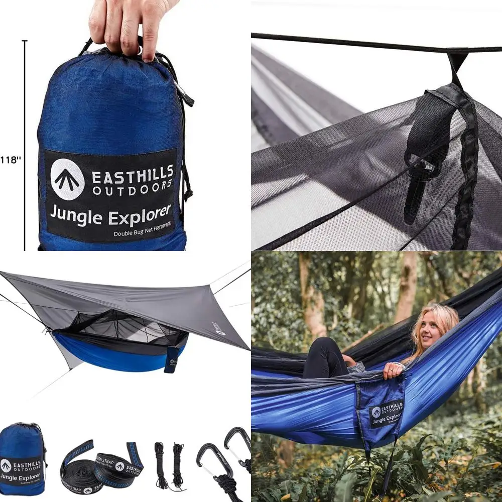 

Double Camping Hammock with Removable Bug Net, Tree Straps, and Tarp - Lightweight Rip-Stop Nylon for 2, Blue