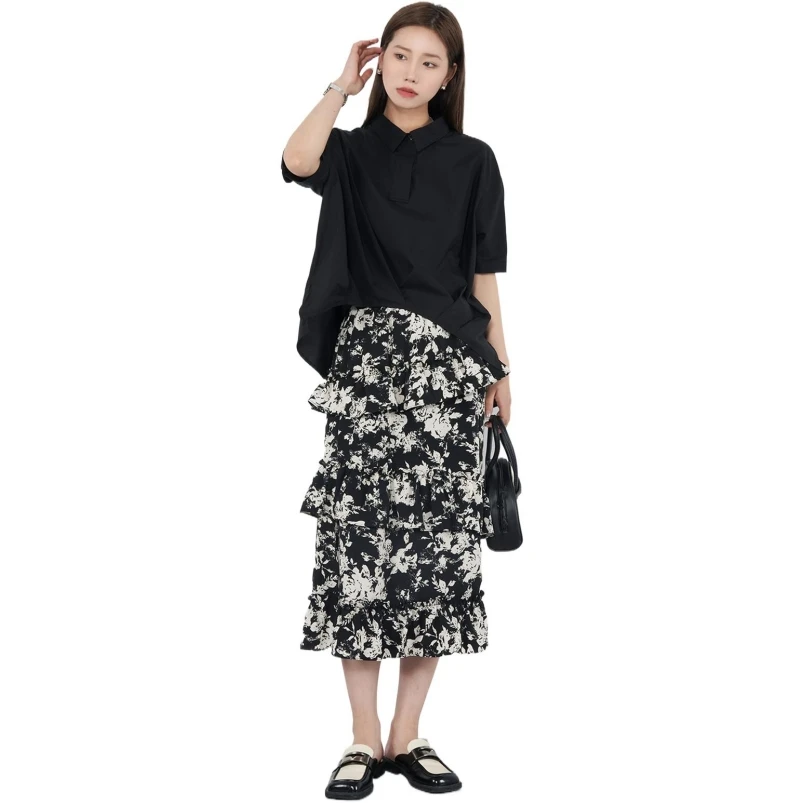 

Spring Summer New Chiffon Female Medium Length Skirts Printed Elastic Waist Temperament Ladies Layered Ruffle Edge Vestidos