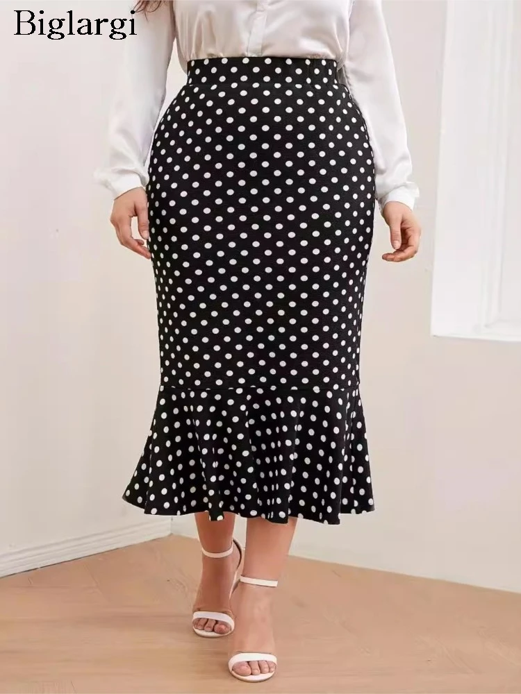 Plus Size Summer Polka Dot Print Midi Skirt Women Fishtail Ruffle Pleated Modis High Waist Ladies Skirts Slim Korean Woman Skirt