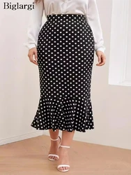 Plus Size Summer Polka Dot Print Midi Skirt Women Fishtail Ruffle Pleated Modis High Waist Ladies Skirts Slim Korean Woman Skirt