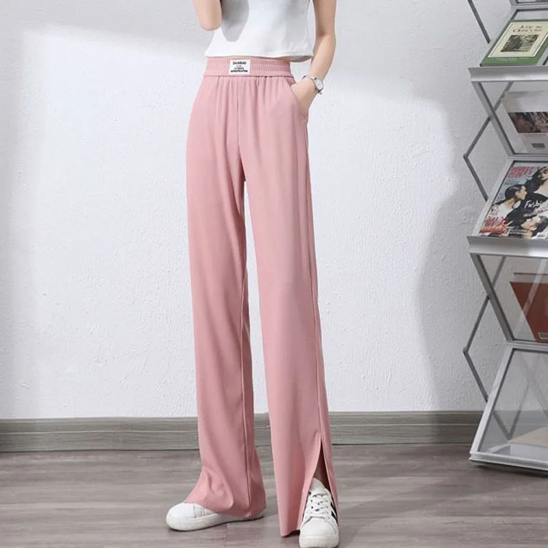 

Women's Clothing Fashion Korean Solid Slit Pants Spring Summer Ice Silk All-match Elastic High Waist Loose Trousers for Female