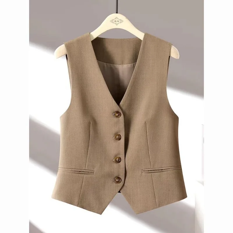 Women V Neck Suit Vest Slim Fit Cropped Waistcoat Sleeveless Layering Outerwear For Spring Autumn