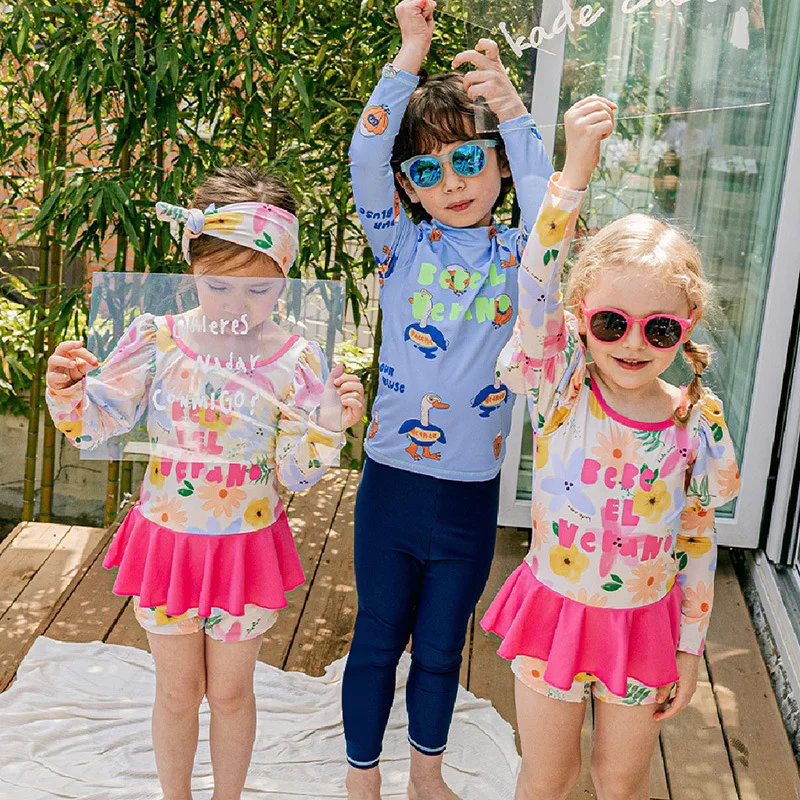 Swimming Suit for Girls Boys Cute Printed Long Sleeve Trousers Beach Swimwear for Kids Quick-dry Swimdress image 2