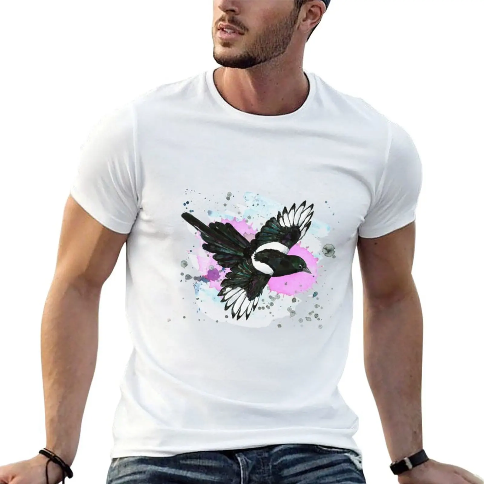 A watercolor drawing of a flying magpie T-Shirt customizeds designer shirts t shirts men