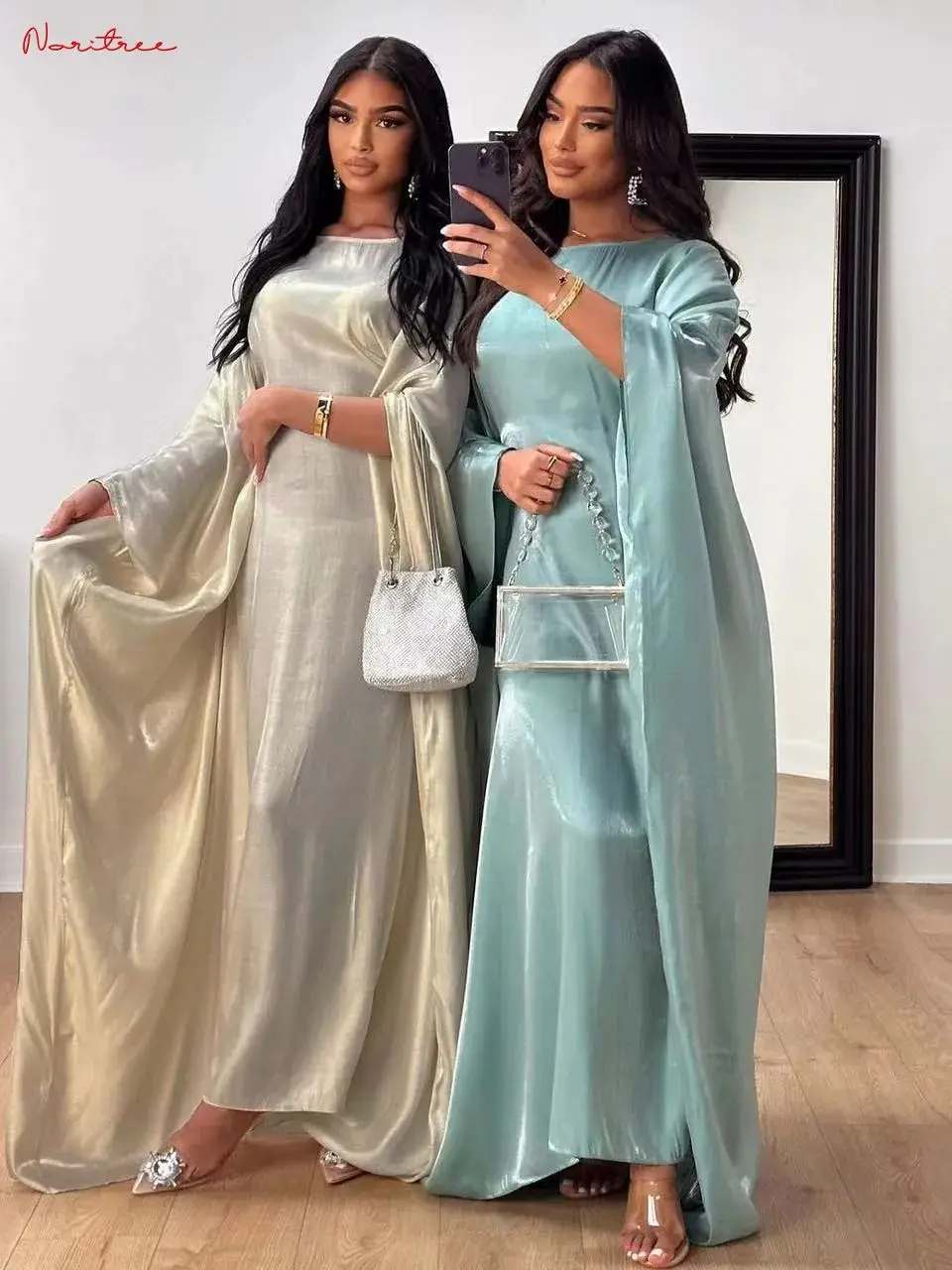 Fashion Shiny Bat sleeved Muslim Dress Robe Syari Female Full Length Butterflies Abaya Muslim Dress Worship Service Abaya wy2001