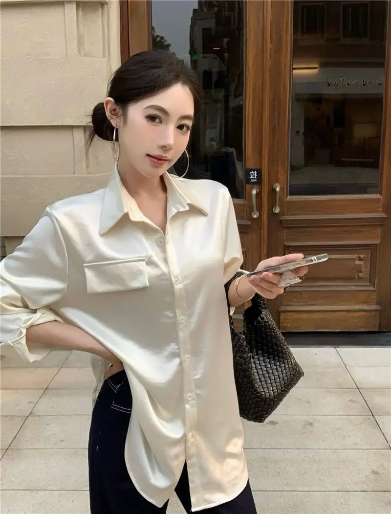 

2025 Summer New Style Back Hollow Satin Shirt for Women Fashion Versatile Cardigan