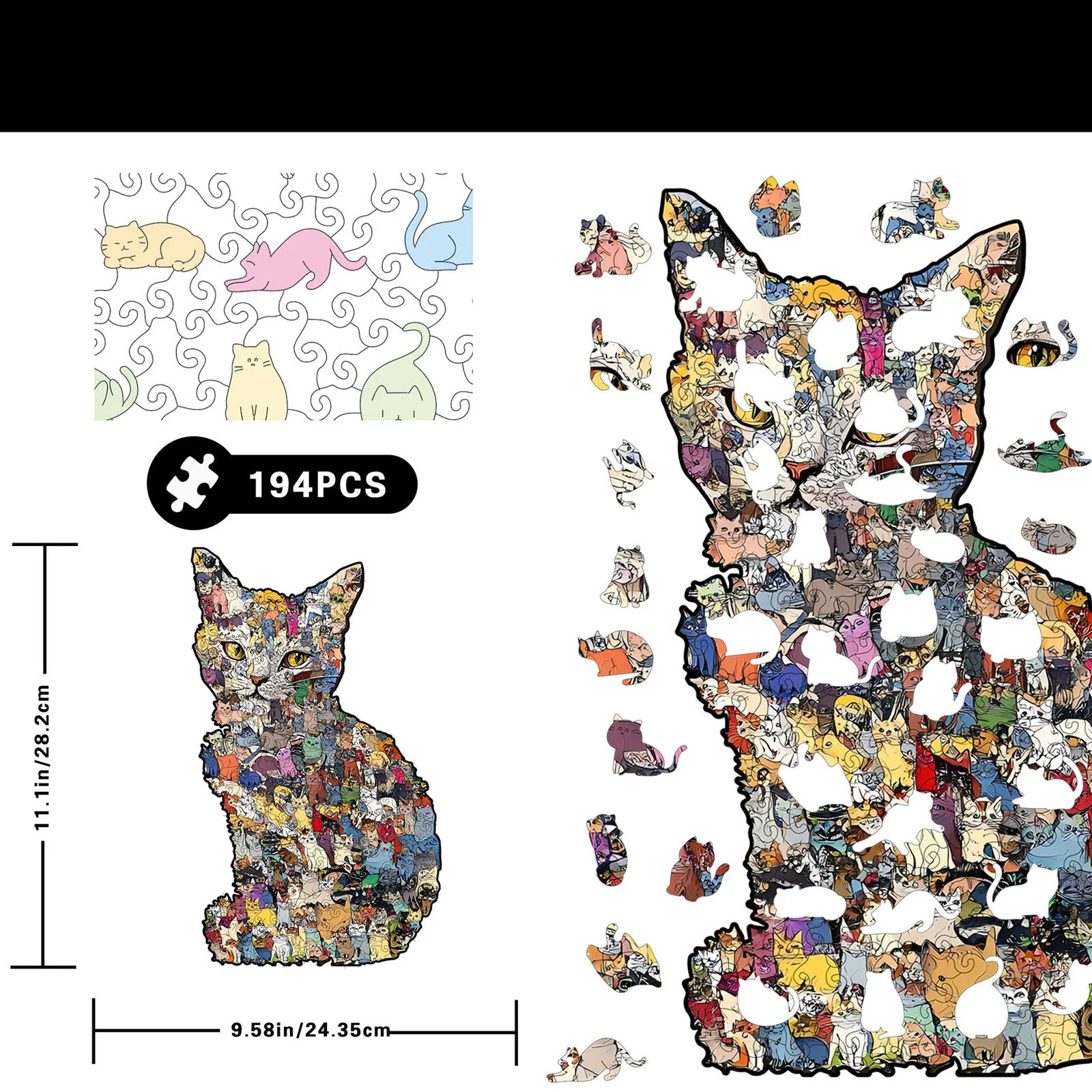 Puzzle en bois en forme de chat Unique, 194 pièces, puzzle stimulant pour adultes, œuvre d'art finie pour la décoration murale de la maison