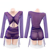 Sexy Purple Mesh See Through Shirring Mini Dress Women Long Sleeve Hollow Party Club Outfit Striptease Performance Costume Dress