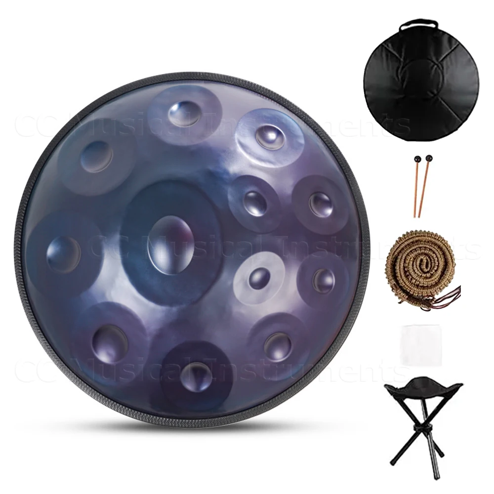 Handpan Drum in D Minor Kurd 9 10 12 14 Notes 440Hz 432Hz 22 Inches Steel Hand Drum with Edge Woven Rattan knapsack Professional