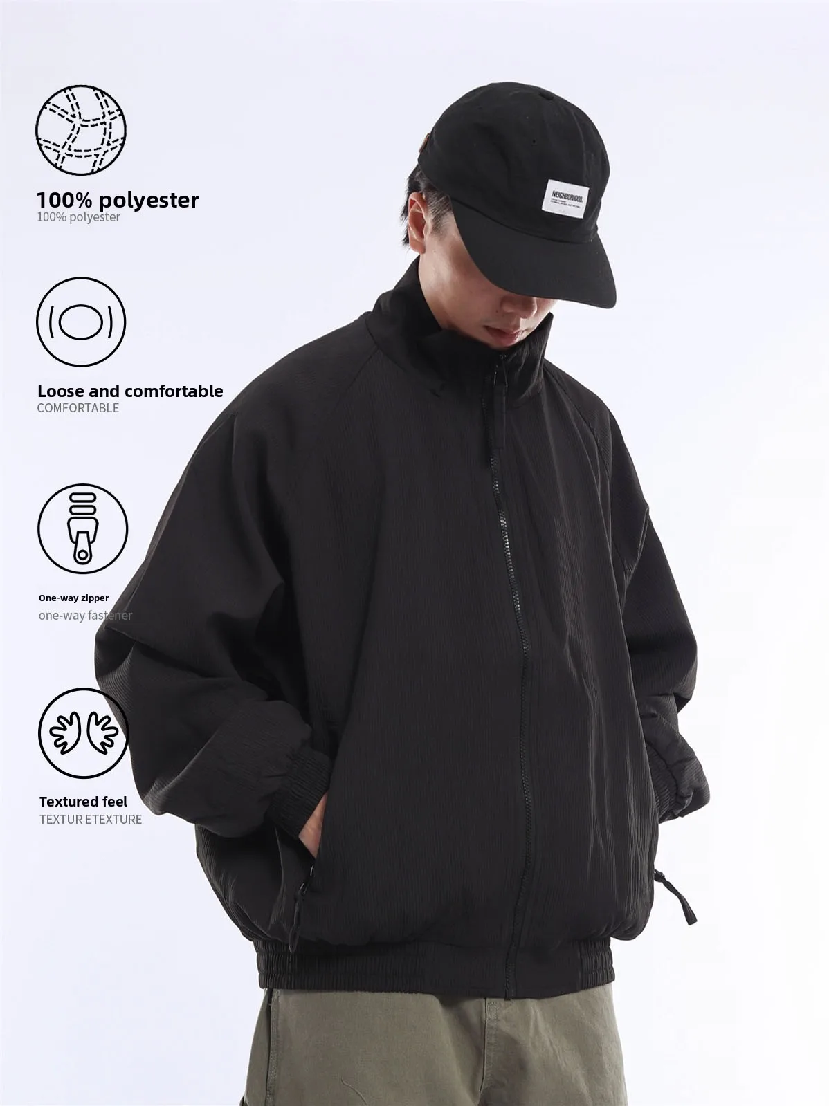 Textured Jacket Outerwear Casual Loose Fit Stand Collar Retro Workwear Spring Autumn Trendy Top Polyester Youth Long Sleeve Z...