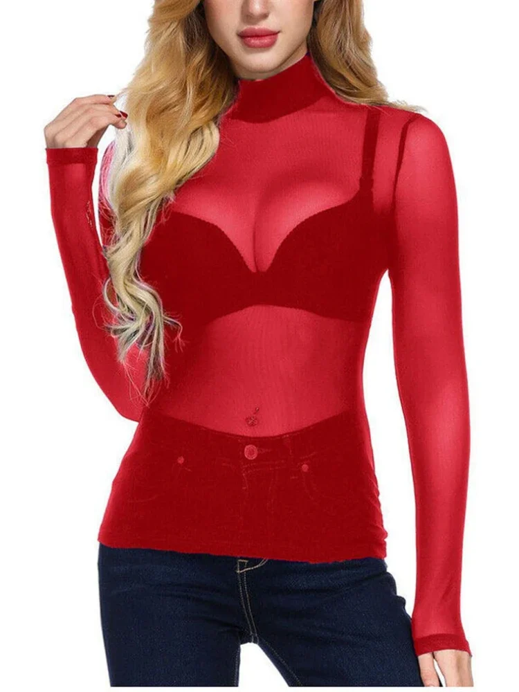 Top Women Sexy T-shirt Perspective Outfit Ultra-thin Mesh Elastic Base Undershirts Tight Fit Long Sleeved O-neck Spring Summer