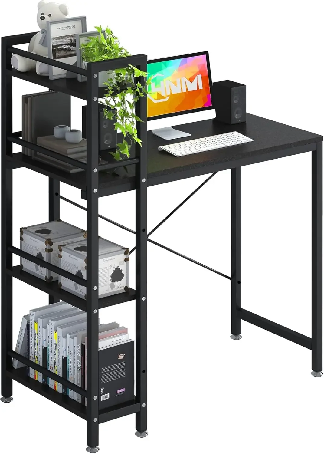 

Small Computer Desk with 4-Tier Bookshelf Home Office Desk Writing Workstation Study Table Multipurpose for Small Space Work