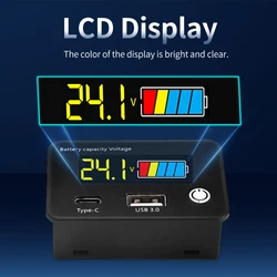 DC8-30V Battery Capacity Indicator 6 in 1Lead Acid Lithium Batteries Level Tester USB3.0 Tpye-C Digital Voltmeter Voltage Meter