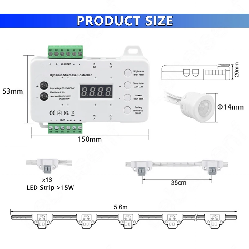 10A 240W czujnik ruchu PIR schodek pojedynczy kolor LED COB listwa oświetleniowa Smart sterownik ściemniacza DC 12V 24V bez okablowania/lutowania