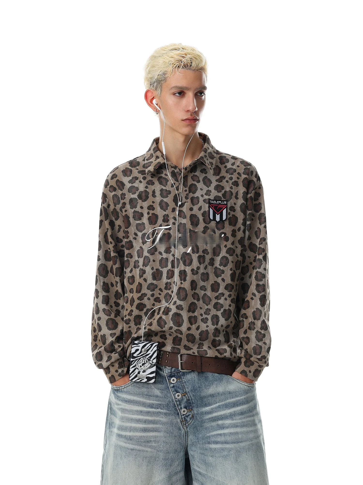 Loose Fit Long Sleeve Men's  Shirt Leopard Print Lettering Retro American Style Streetwear Top by Mr.Nearly