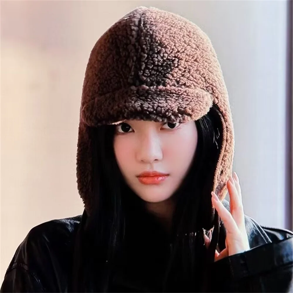 Kpop Ningning Wool Fleece Hats Women Girls Autumn Winter Ear Protection Warm Tie Ins Ski Cap Fans Travel Shopping Dance Supplies