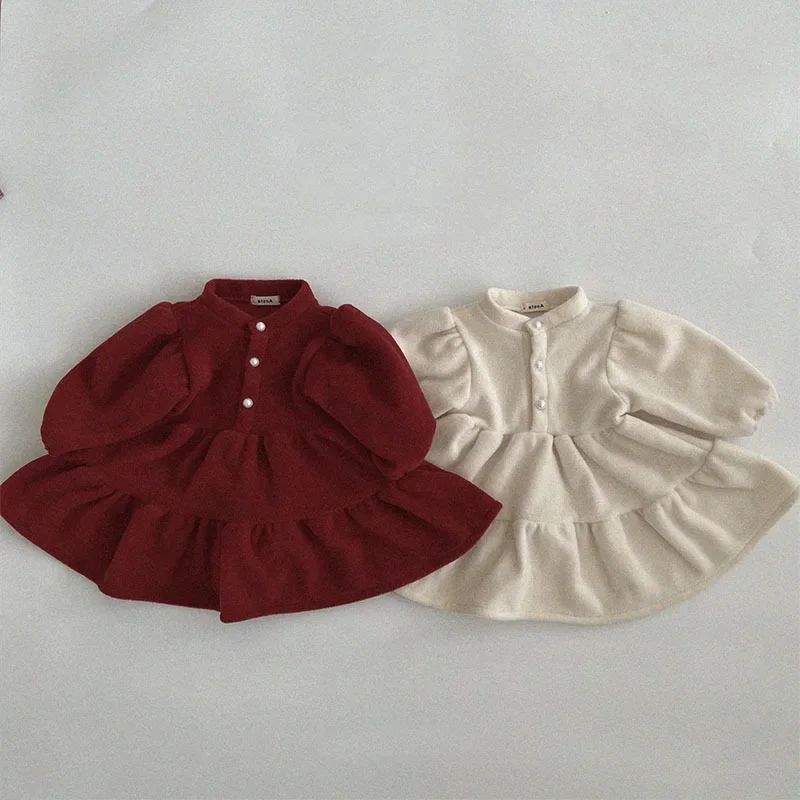 

Children Clothing 2024 Autumn Winter New Fashionable Korean Style Girl Baby Sweet Style Soft Princess Round Neck Casual Dress