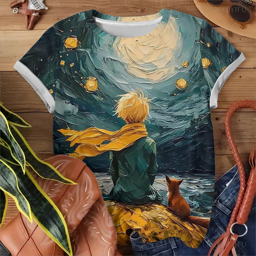 مرسومة باليد النفط اللوحة الصفراء ليلة مليئة بالنجوم الأمير الصغير نمط المرأة تي شيرت ريترو ستايل أزرق عميق كم قصير