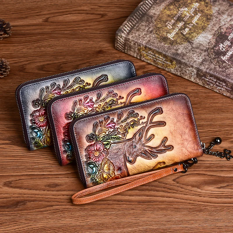 lomcel-ty10-women's-top-grain-cowhide-wallet-with-deer-head-embossing-small-handbag-with-a-long-zipper-retro-and-unique