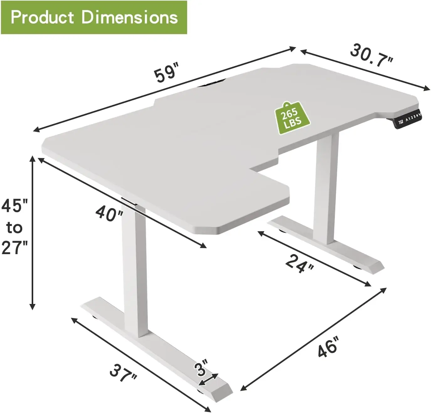 Radlove Dual Motors Height Adjustable 59'' L Shaped Electric Standing Desk With Curved Design Stand Up Table 4 Memory Keys,