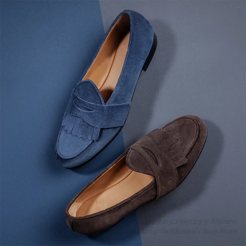Blue Suede Round Toe Belgian Loafers Men Fringed Decor Slip On Solid Color Casual Comfort Business Formal Casual Single Shoes