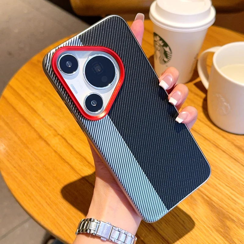 

For Huawei Pura 70 70 Pro 70 ProPlus 70 Ultra Red Lens Ring Dual Color-Block Carbon Fiber Anti-Fingerprint Phone Case
