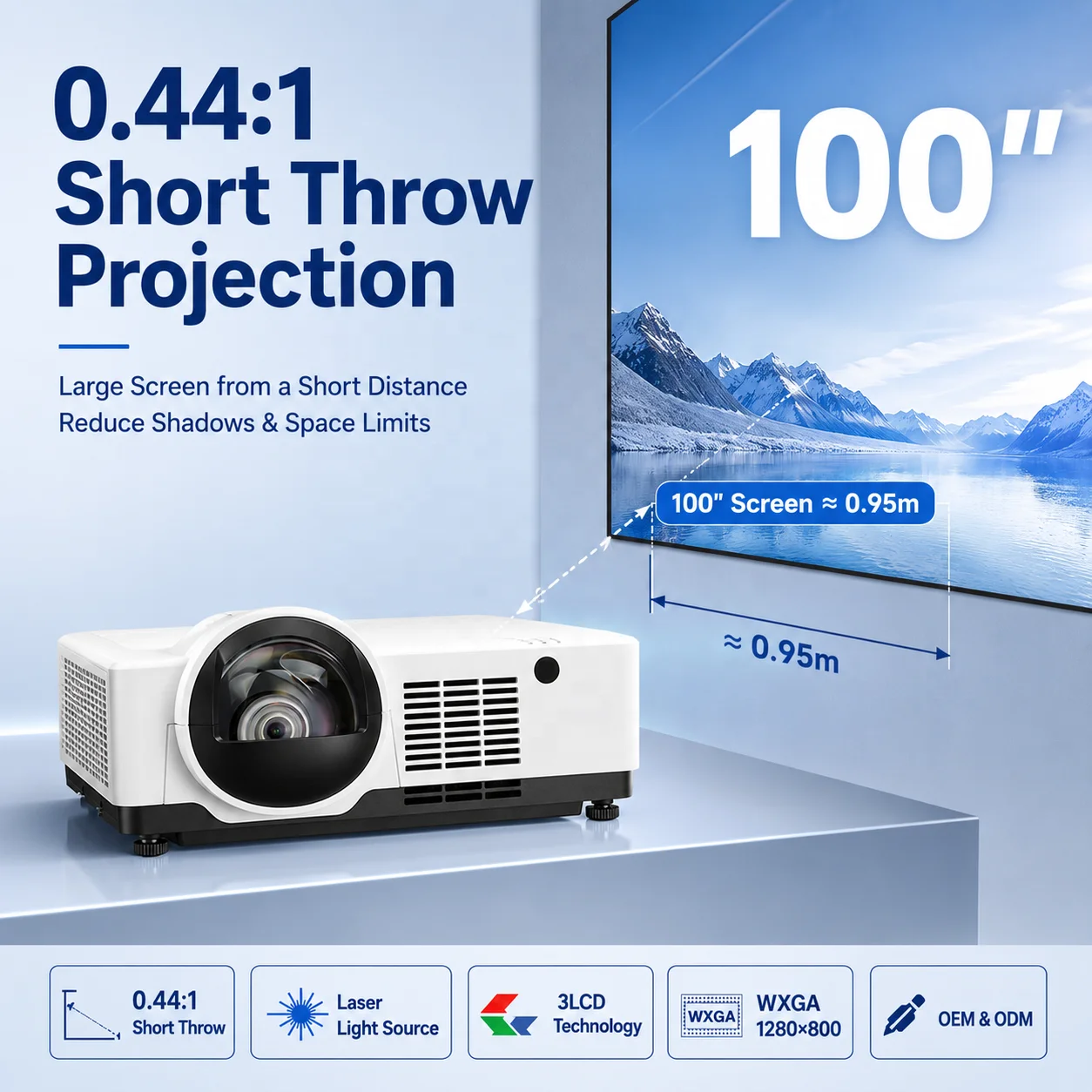 OEM ODM 6500 Lumens Short Throw Laser Projector 3LCD WXGA with Geometry Correction and LAN Control