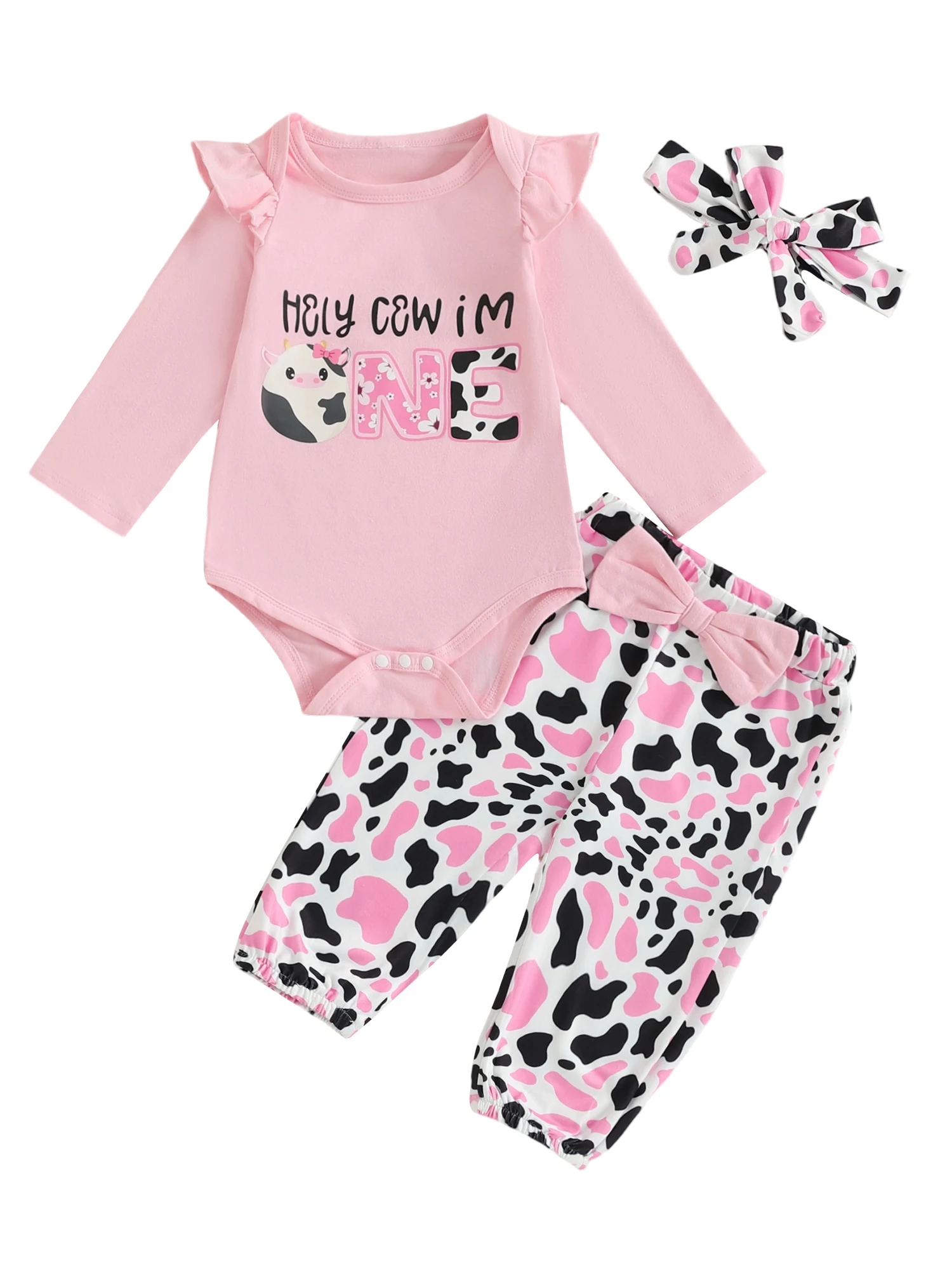 

Наряд на день рождения для маленьких девочек, комбинезон с длинными рукавами и буквенным принтом, штаны с коровьим принтом, повязка на голову с бантом, комплект из трех предметов