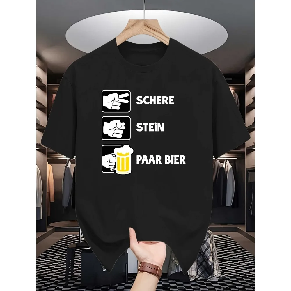German Bar Humor Schere Stein Paar Bier Print Mens Crew Neck T Shirt Hand Symbol Beer Cup Graphic Short Sleeve Cotton Street Tee