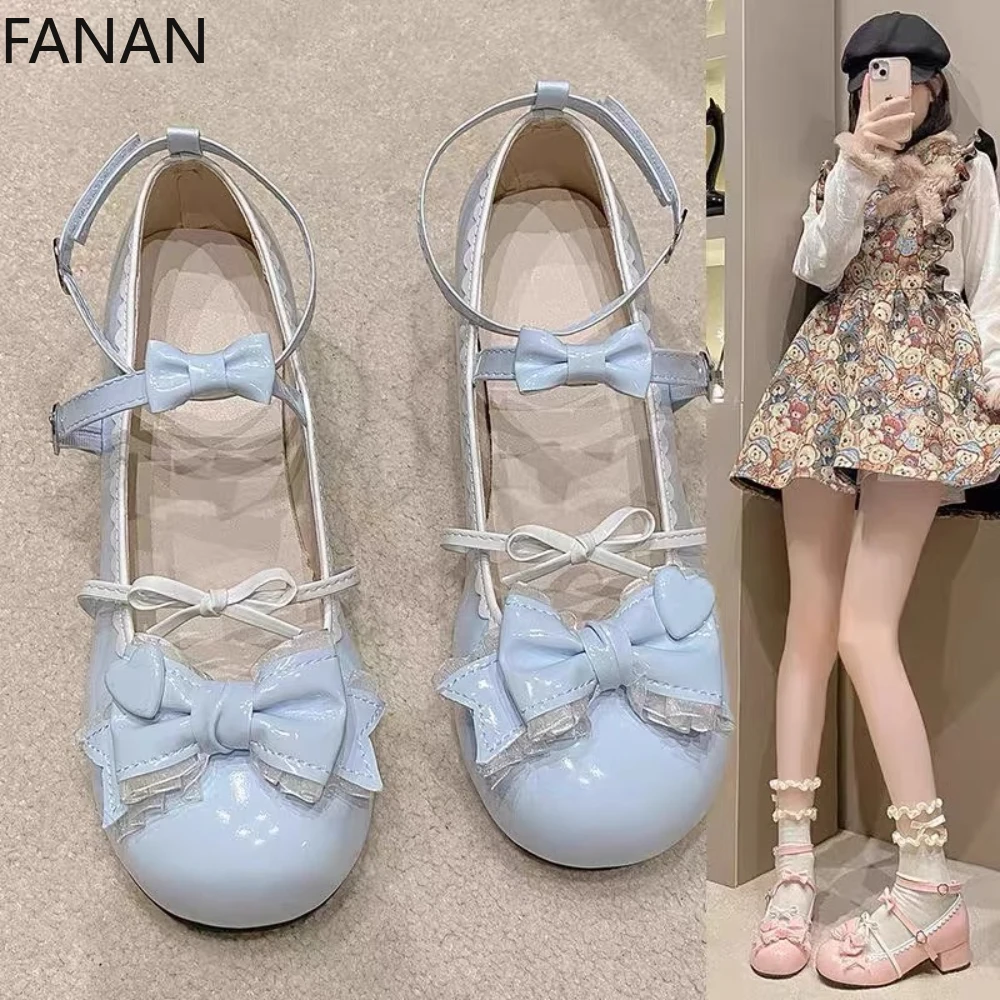 

2025 New Lolita Shoes Mid Heel Platform Flats Ballet Blue Elegant Princess Pink Leather Shoes Non-slip Casual Sandals Pumps