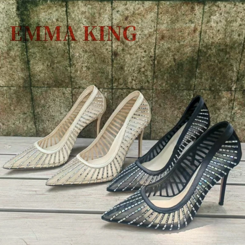 شبكة سوداء مدبب تو مضخات خنجر الكعوب كريستال الانزلاق على مضخات المرأة أحذية مثيرة نمط جديد الصيف أحذية مصممين غير رسمية للحفلات