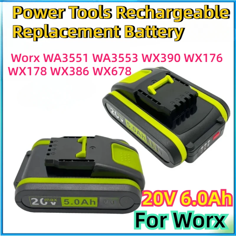 

For Worx Power Tools Rechargeable Replacement Battery 20V 6.0Ah for Worx WA3551 WA3553 WX390 WX176 WX178 WX386 WX678 Lithium