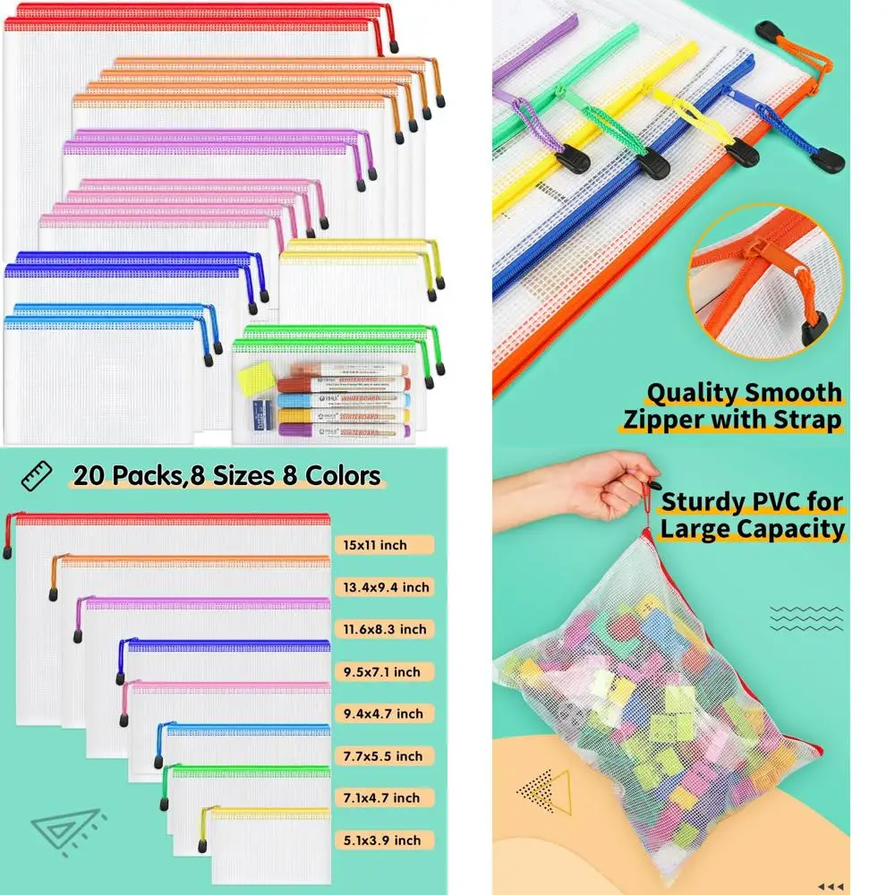 

Smarpau 20pcs Mesh Zipper Pouch, 8 Sizes Plastic Zipper Pouches for Organizing, 8 Colors Waterproof Plastic Document Bags for Bo