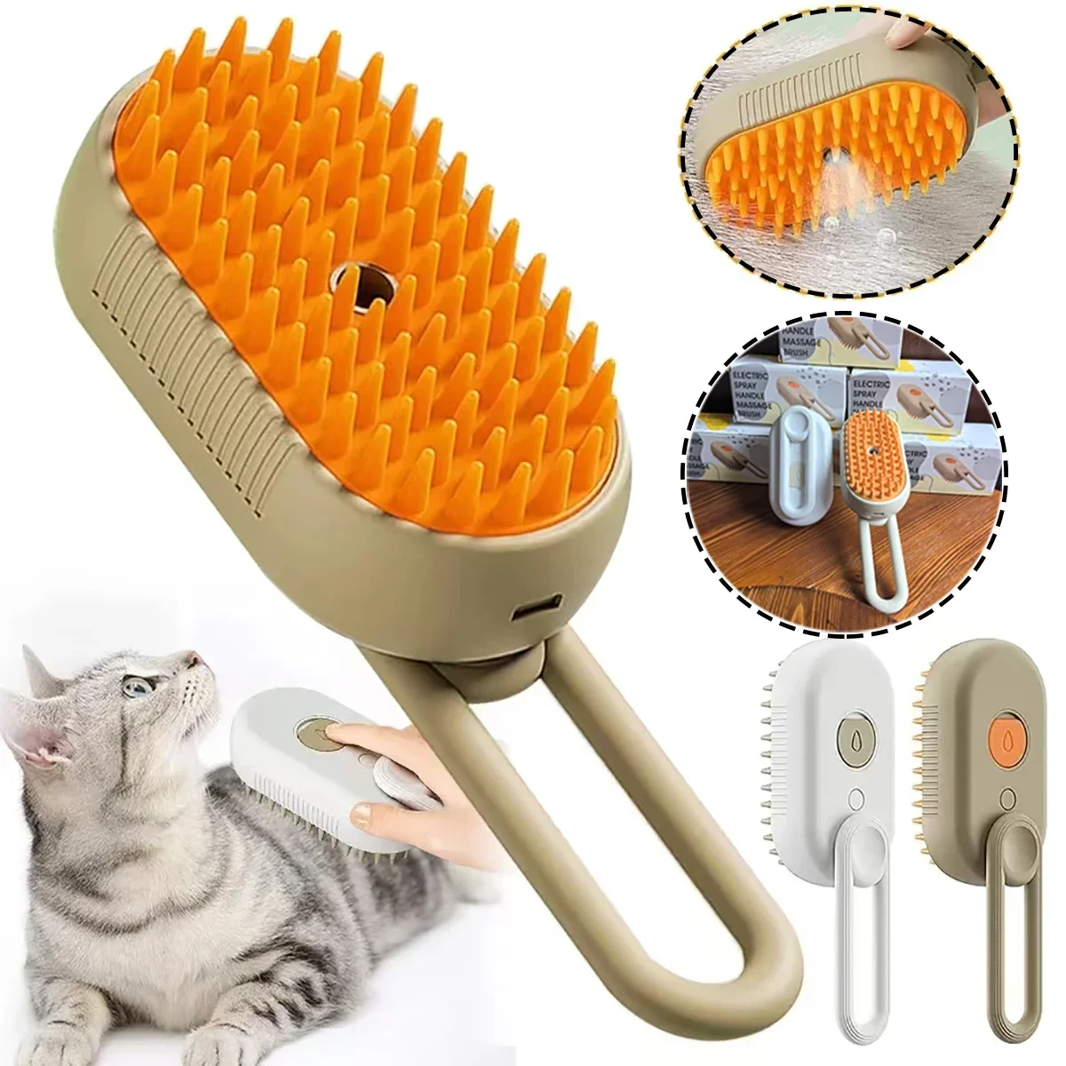 

3 in 1 Cat Steam Brush One Touch Spray Pet Hair Removal Tool 360° Rotating Handle Silicone Multifunctional Massage Comb