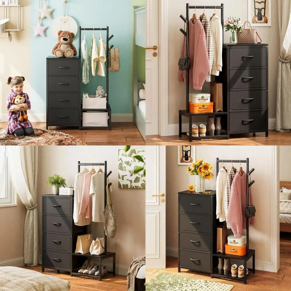 

Black 3-in-1 Bedroom Storage Unit: Hanging Rack, Shoe Rack, and Fabric Drawers