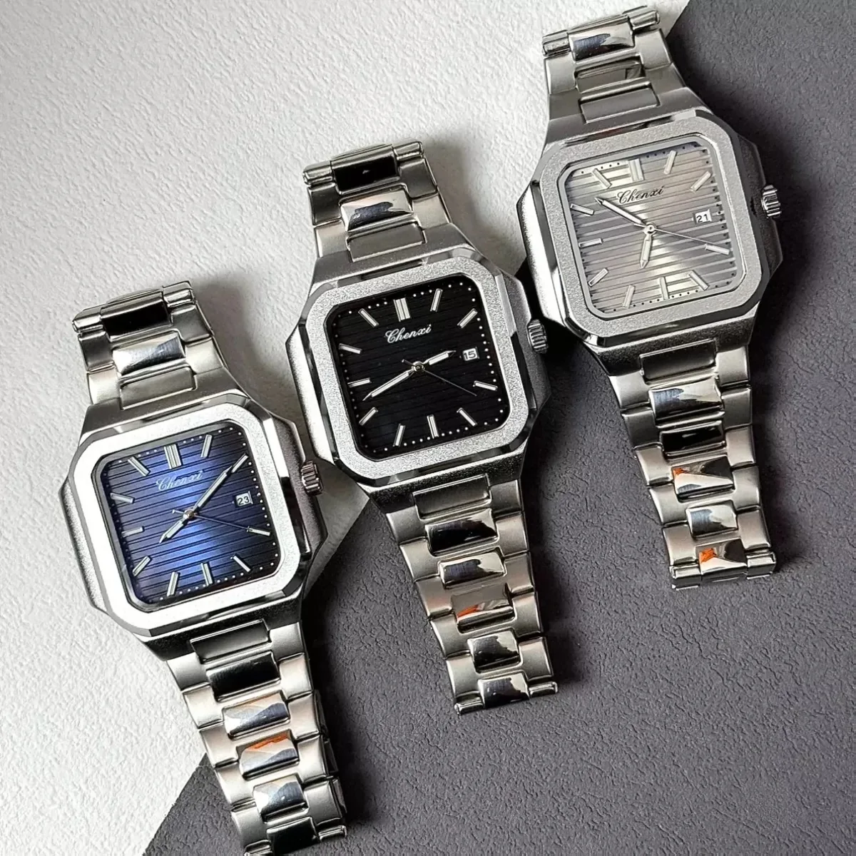 NUEVO 2025 CHENXI Relojes de marca de lujo de negocios informales para hombre Reloj de acero inoxidable con calendario luminoso de cuarzo con esfera cuadrada grande