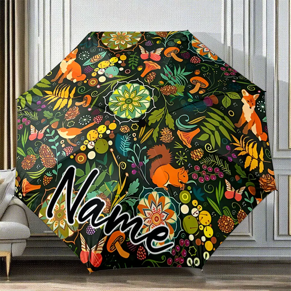 Custom Name Umbrella Black Forest Animals 8 Iron Ribs Folding Umbrella Auto-Open Fashion Sunshade