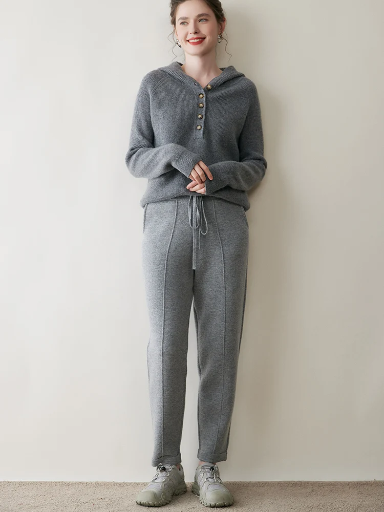 

Women’s Cashmere Pencil Pants Autumn Winter Elastic Waist 100% Cashmere Knitted Solid Pockets Thick Casual Classics Trousers