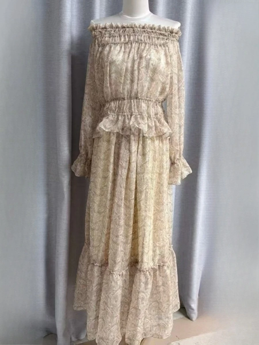 TWOTWINSTYLE Printing Spliced Folds Two Piece Sets for Women Slash Neck Long Sleeves Top High Waist Skirt Elegant Set Female New