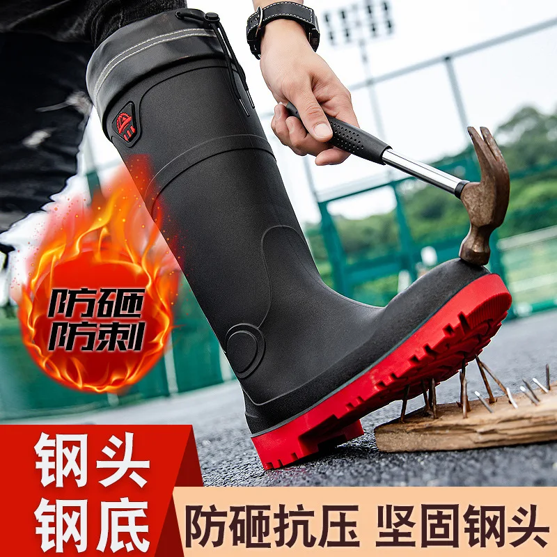 

Steel Head Steel Sole Anti-smashing Rain Shoes Men's High Water Boots Anti-skid Construction Site Rain Boots