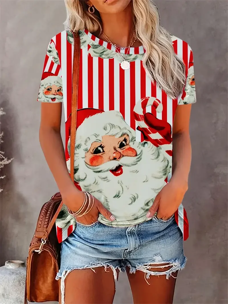 Christmas Day Women's T-Shirt Santa Claus Festival 3d Print O Neck T-Shirt Women's Clothing Fashion Short Sleeved Casual Top Tee