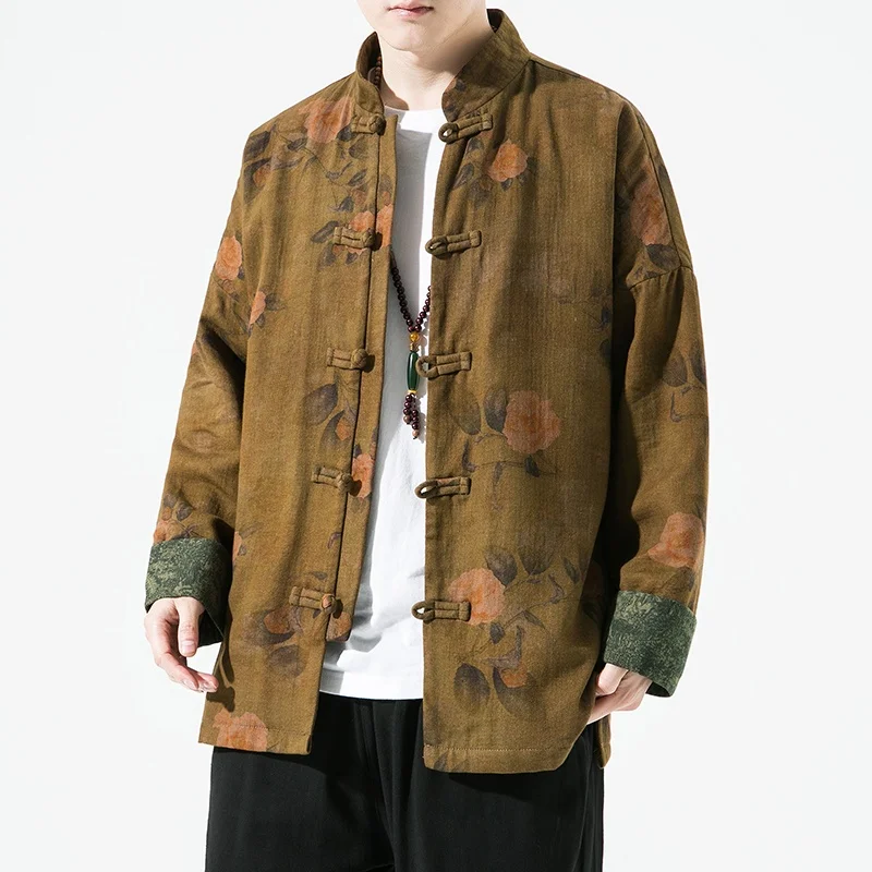 Jaqueta chinesa masculina com estampa retrô, estilo primavera, tamanho ande, casaco zhongan com botões, traje tang casual...