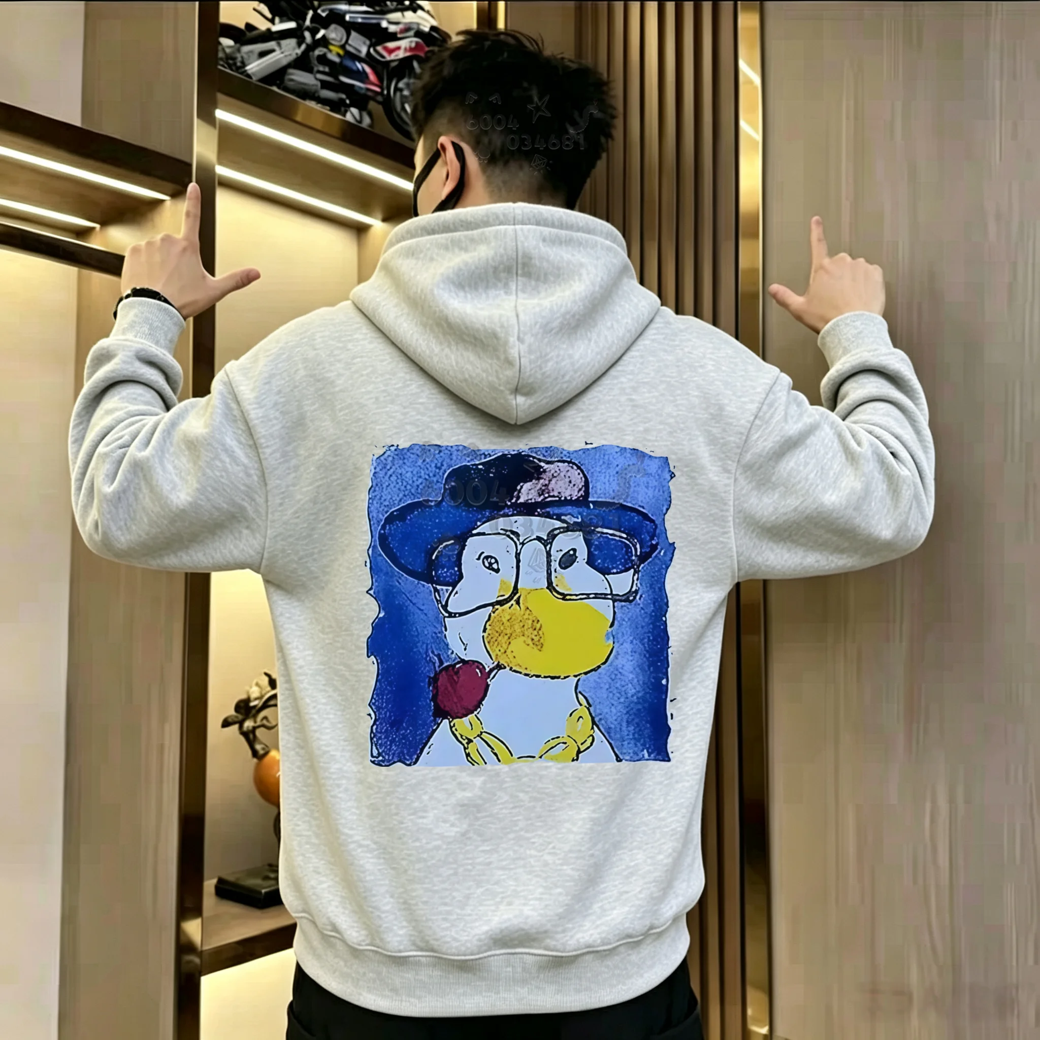 Men's street hoodie with hood,abstract graffiti,wearing glasses,cool duck print Spring, autumn and winter casual pullover hoodie