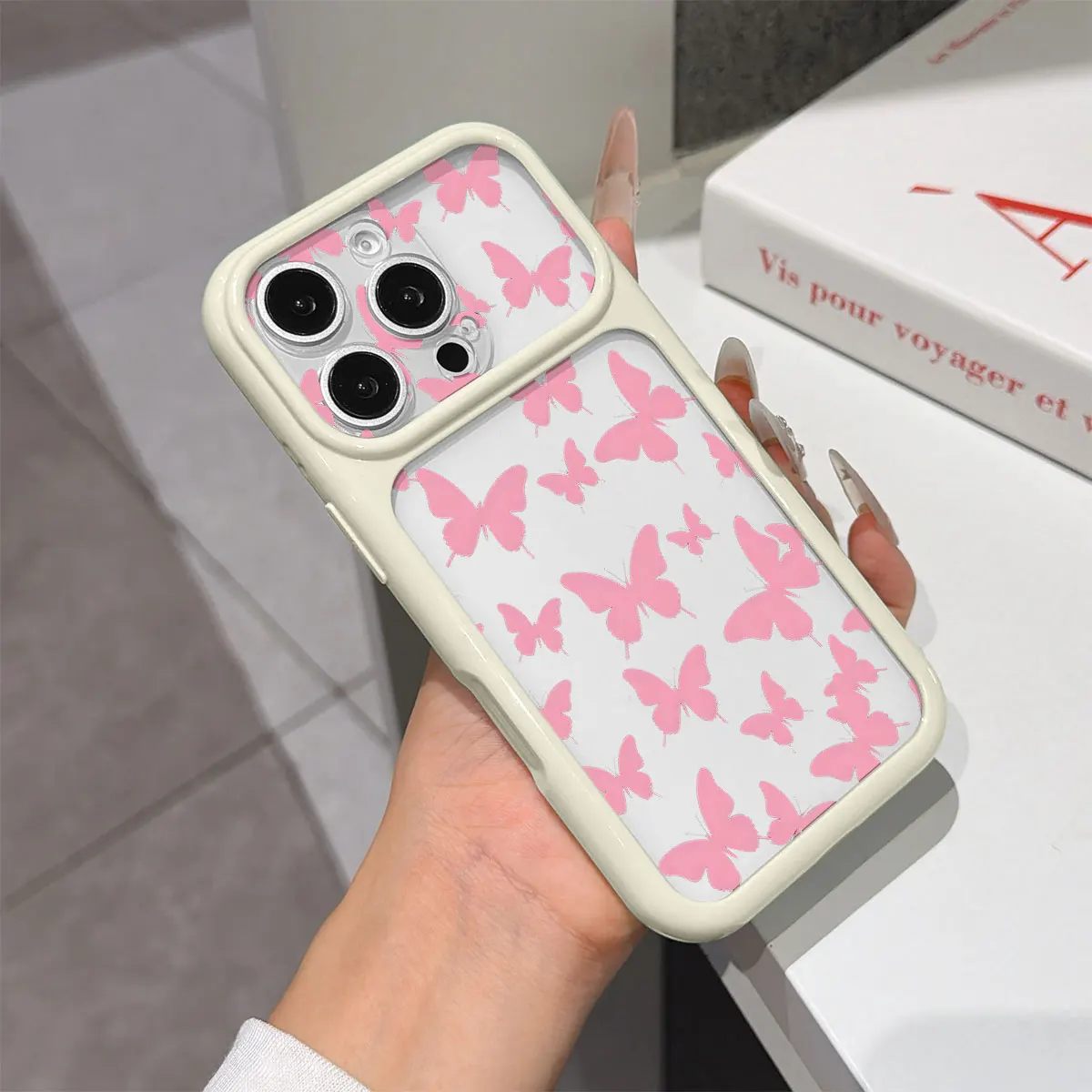 Funda Transparente de Lujo Color Caramelo para iPhone 17 16 15 Pro Max 14 Plus 13, Delgada, Antigolpes, con Silueta de Mariposa Rosa